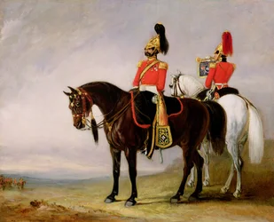 Kolonel James Charles Chatterton (1792-1874) de 4e Royal Irish Dragoon Guards, op zijn Charger vergezeld door zijn trompetter, ca. 1849